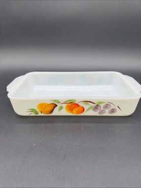 Fire King Gay Fad 1.5 Qt Casserole Milk Glass Fruit Painted Anchor Hocking #410
